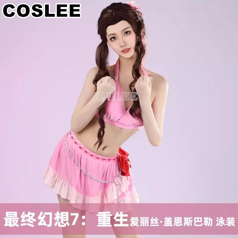 

COSLEE Aerith Gainsborough Cosplay Costume Game Final Fantasy FF7 VII Rebirth Pink Summer Bikini Swimsuit Swimwear Swimming Wome