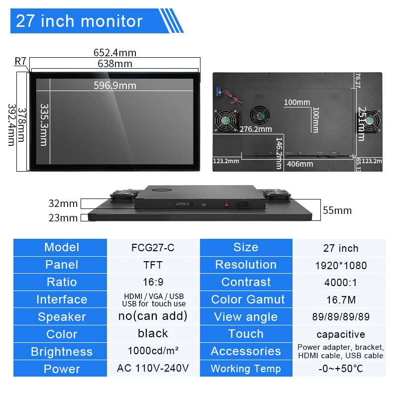 27 Inch 1920*1080 Flat Pure High Brightnes 1000 Nits Outdoor Waterproof Industrial Capacitive Touch Screen Monitor With VGA HDMI