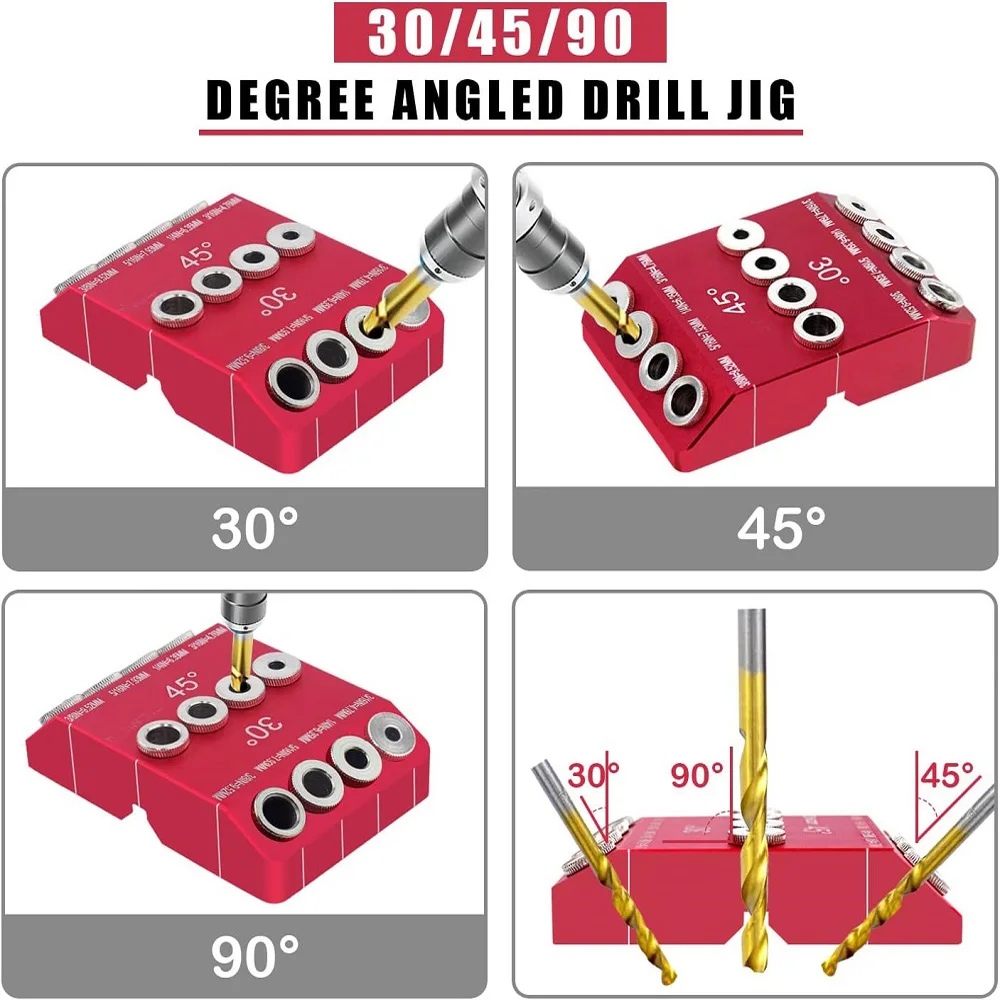 30 45 90 Degree Angle Drill Guide for Angled/Straight Holes, 4 Sizes Drill Jig for Cable Railing, Drill Template Block