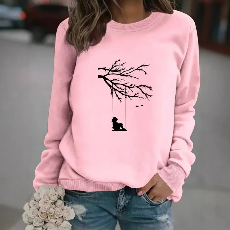 Women Crew Neck Sweatshirt Tree Swing Girl Silhouette Print Long Sleeve Pullover Casual Loose Ladies Round Neck Fall Tops