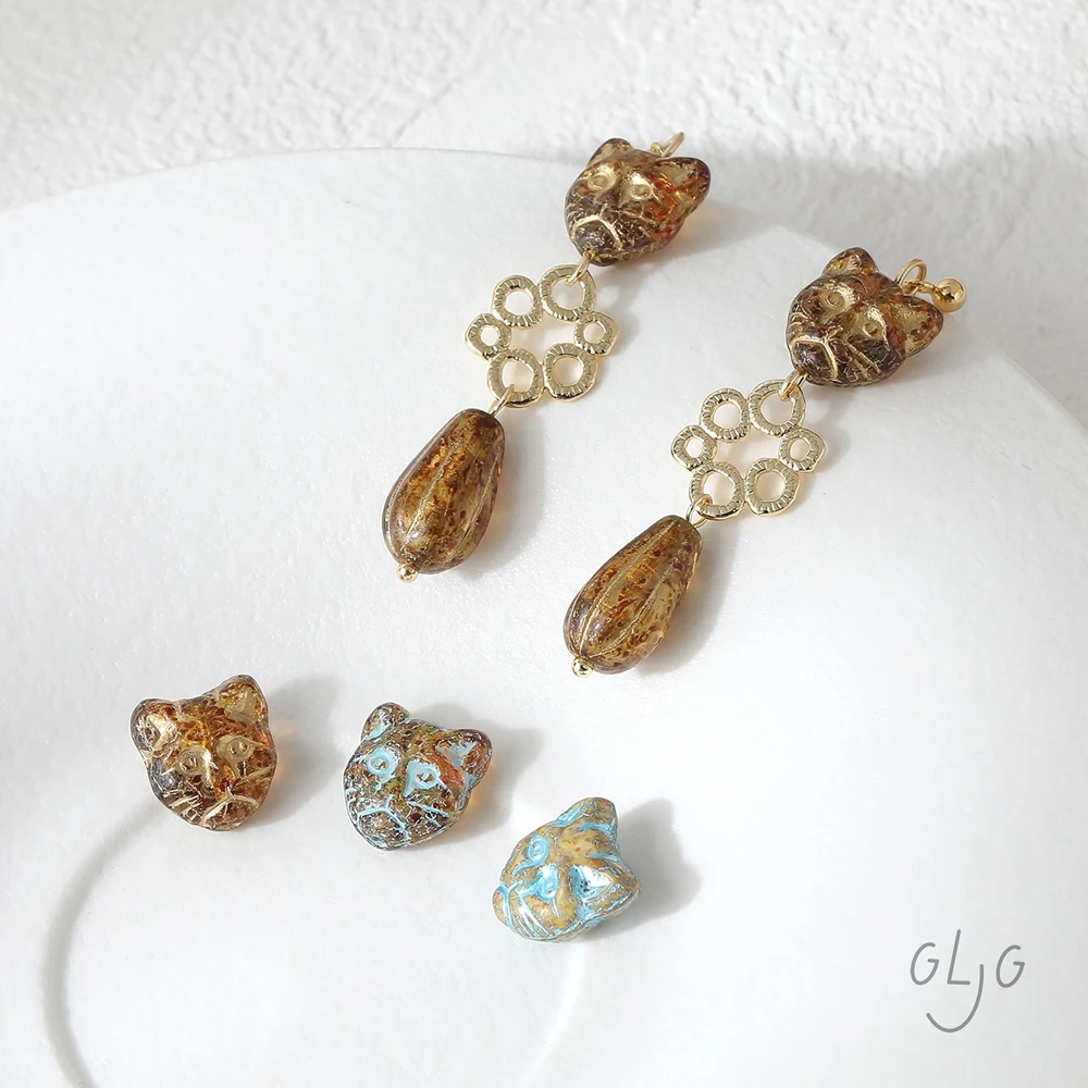 4PCS Czech Vintage Amber Cat Head Glaze Glass Beads Handmade Bracelet Findings Accessories Jewelry DIY Making Supplies