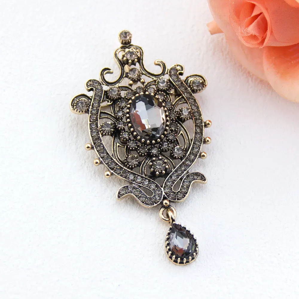 Vintage grijze kristallen Turkse broche voor vrouwen hijab revers broche pins antiek goudkleurige bohemian bijoux