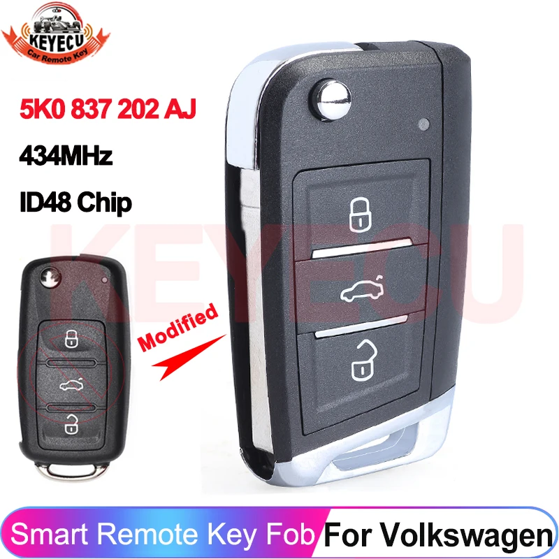 

KEYECU 5K0 837 202 AJ Upgraded Key Remote Fob For VW Volkswagen Caddy Polo Transporter Beetle Jetta 434MHz ID48 Chip 3 Buttons