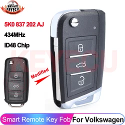 KEYECU 5K0 837 202 AJ Upgraded Key Remote Fob For VW Volkswagen Caddy Polo Transporter Beetle Jetta 434MHz ID48 Chip 3 Buttons