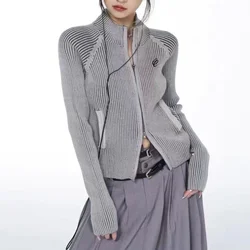 Cardigan con cerniera Vintage grigio ricamo donna Y2k maglione estetico Grunge giacche corte cappotti lavorati a maglia sottili femminili di base Femme