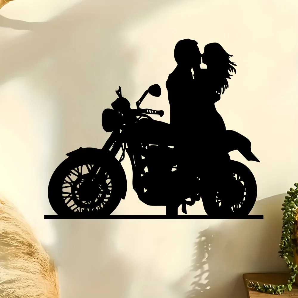 1pc Romantic Couple Motorcycle Metal Wall Art, Elegant Iron Rider Statue Weatherproof for Indoor Outdoor, Valentine Wedding Anni