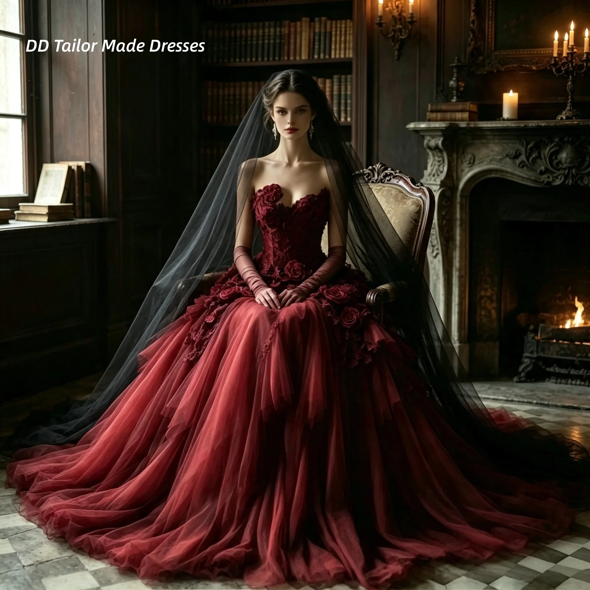 Gothic Dark Red Wedding Dress For Bride 3D Floral Rose Appliques Layered Tulle Chapel Train A-Line Bridal Gown Customized