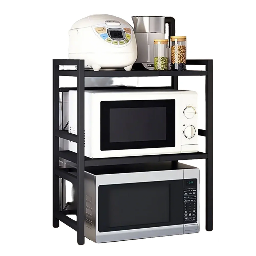 Étagère extensible pour micro-ondes à 2 niveaux pour comptoir de cuisine, support en acier au carbone à longueur réglable avec crochets, capacité de charge de 30 kg