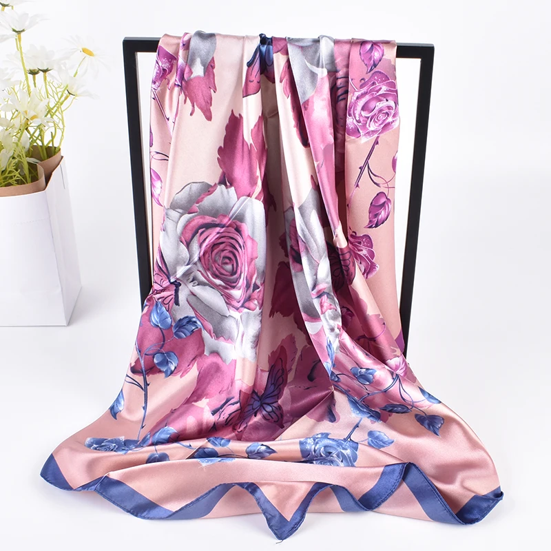 2023 New Fashion Versatile Crystal Rose Pattern Printing High Quality 90 * 90 Colored Ding Large Square Scarf Spot Wholesale