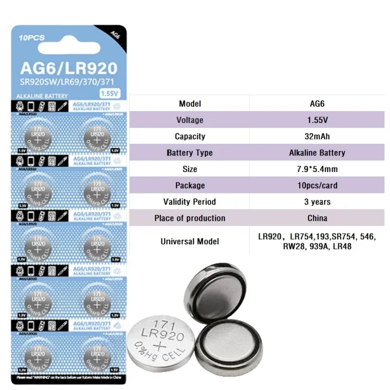 10-200PCS AG6 LR920 Button Batteries SR920SW 371 370 LR96 Alkaline Cell Coin Battery for Watch Toy Calculator Remote Button Cell