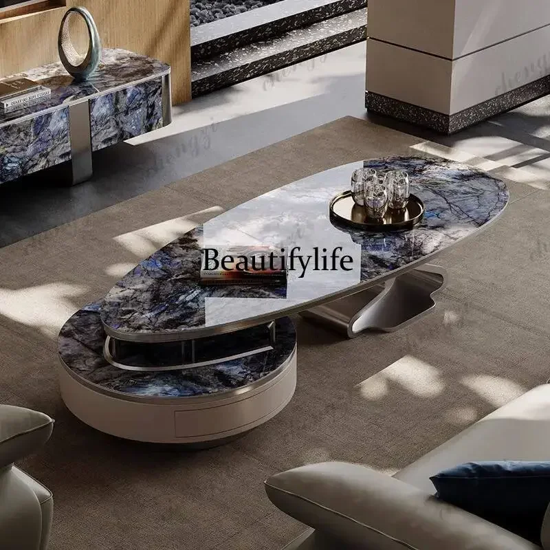 AB03Ovale europäische Wohnzimmer-Couchtische, blaue Designer-Couchtische mit Stauraum, moderne nordische Luxus-Mesa De182