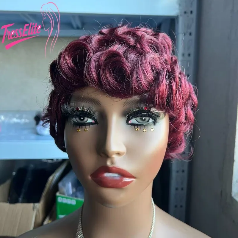 

High Quality Short Elfin Curly 6inch #99j Full Mechanized Wig Brazilian Virgin Remy 180% Density Soft Texture Fashionable Women
