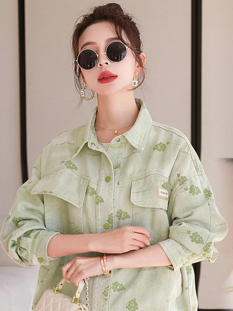 Losse casual dames denim Jaet lente seizoen print geen tag casual Sle lange Sve kraag knop ket detail