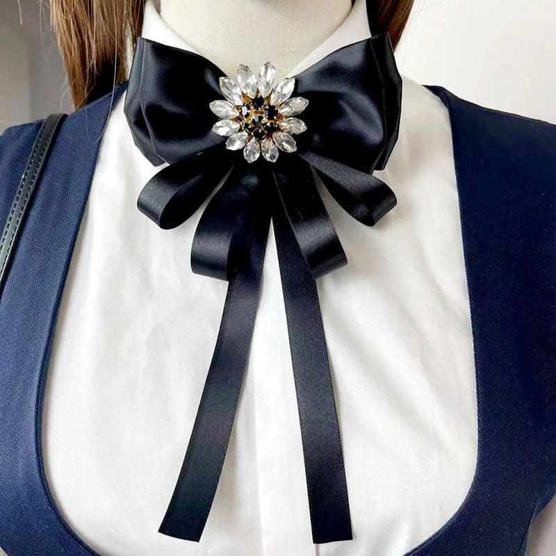 New Exaggerated Big Bow Tie Crystal Satin Collars Flower Long Ribbon Pins Fashion Women's Jewelry Gift