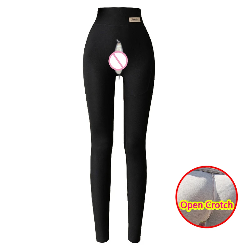 

Woman Open Crotch Sexy Yoga Leggings Hidden Zipper with Side Pockets High Rise Sporty Pants Gym Body Shaping Crotchless Trousers