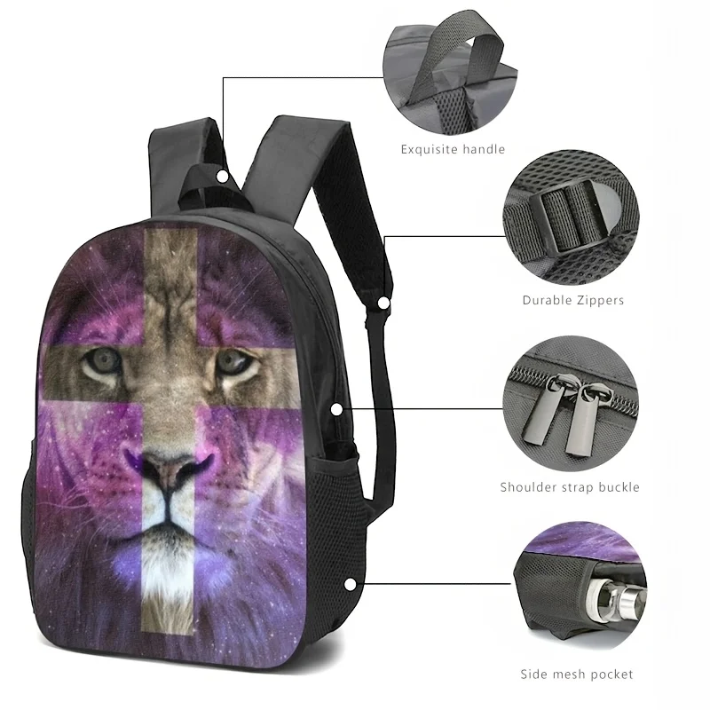 

Three-piece backpack, pencil bag and lunch box bag, all printed with purple and black gradual change lion face pattern