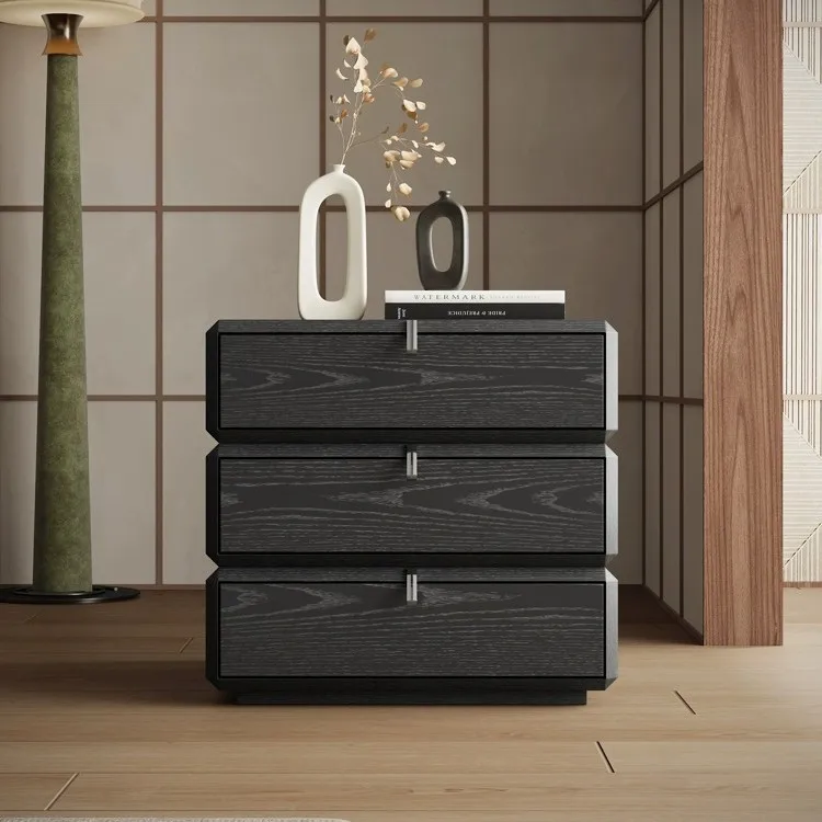 Italian minimalist rotating bedside table light luxury high-end solid wood black cabinet modern simplicity
