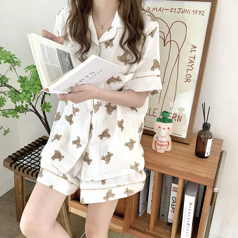 Cartoon Bear Summer Pajamas Set Women Kawaii Funny Home Suit Soft Single Breasted Kawaii Shirts + Shorts Set Two Piece Sleepwear