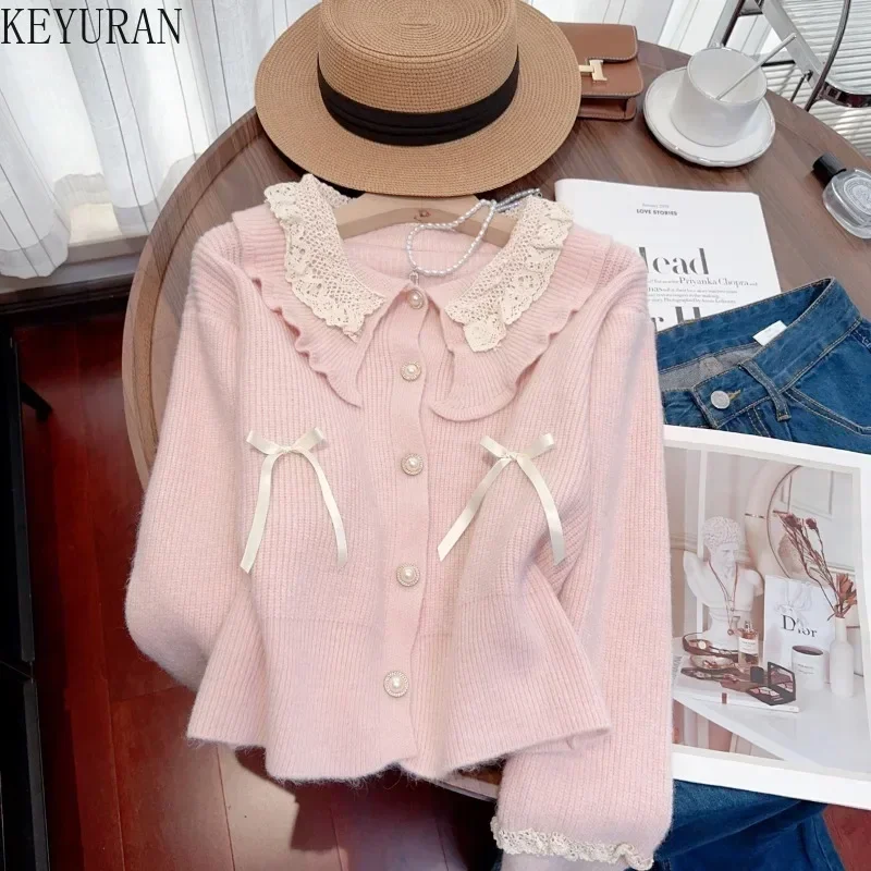 Sweet Peter Pan Collar Sweater Coat Women Autumn Winter Chic Loose Outwear Female Elegant Bow Knitted Cardigan Mujer Crop Tops