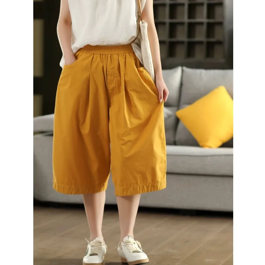 Pantalon rétro en coton et lin pour femmes, jambes droites, ample, taille élastique, amincissant, décontracté, couleur Pure, longueur de sept pieds