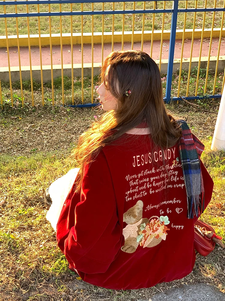 

Red Velvet Baseball Jaet Women's Winter Cotton Embroidered Jaet Outerwear Vintage Sle Loose Fit Long Sve Coat