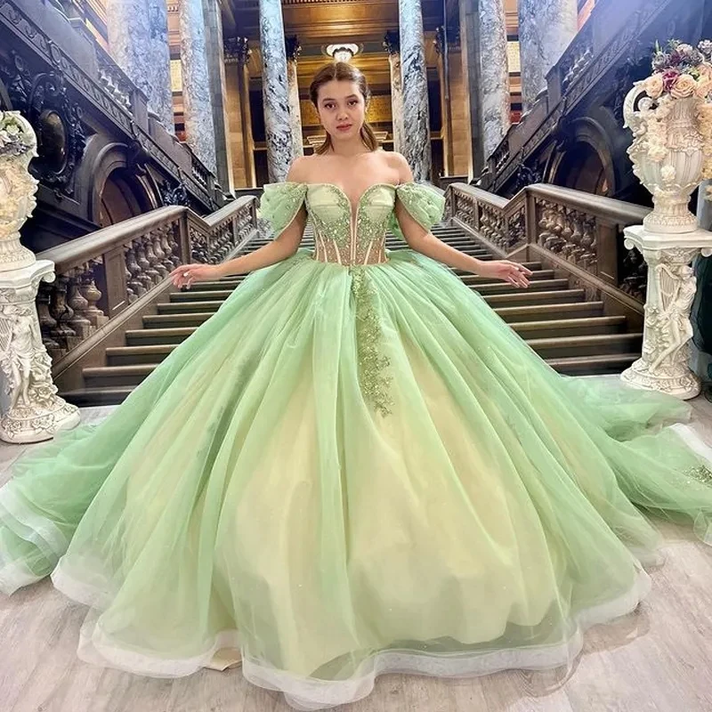 

ANGELSBRIDEP Glittering Green Quinceanera Dress Off Shoulder Beading Floral Appliqué Vestidos De 15 Anos Princess Party Gowns