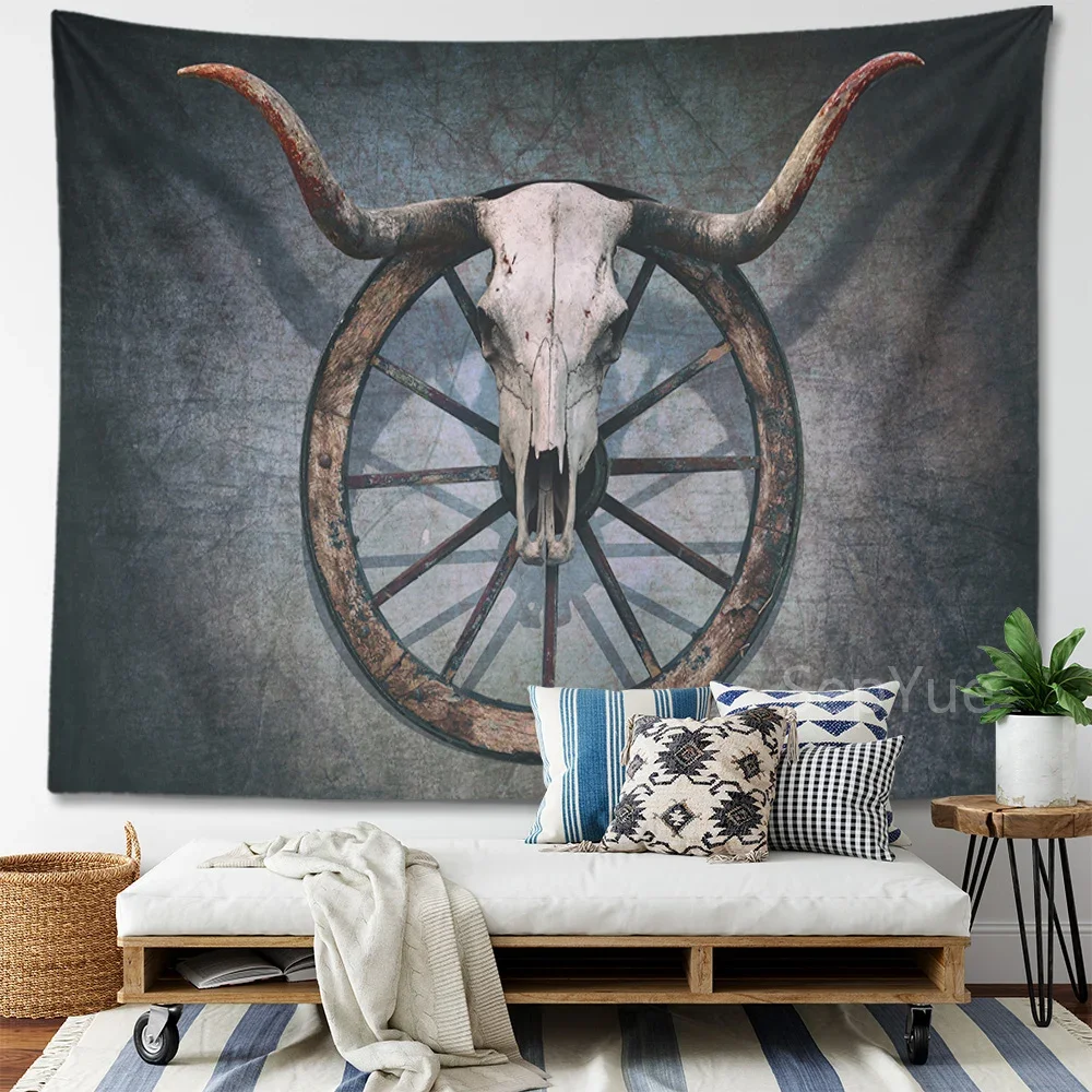 Longhorn Skull Tapestry Wall Hanging Bedroom Room Decor Hippie Old West Wagon Wheel Antique