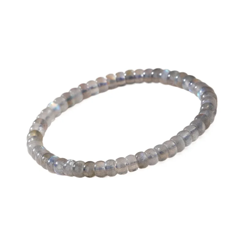 Natural Grey Moonstone Labradorite Tablet Bead Bracelet, Clean Transparent Crystal Flat Bead Stretch Worry Stone Bracelet