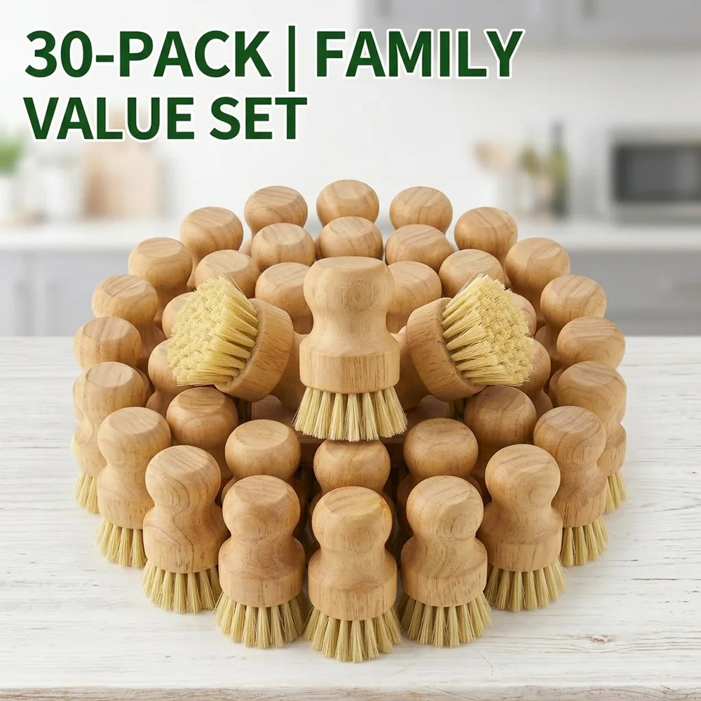 30 Pack Wooden Dish Scrub Brushes, Natural Sisal Fiber Handheld Kitchen Cleaning Brushes for Pots, Pans & Tableware