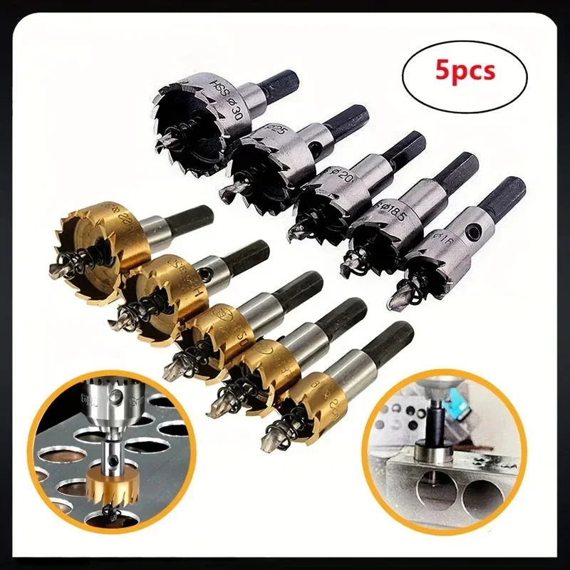 HSS Hole Saw Set Kit Titanium Coated Drill Bit Drilling Crown for Metal Alloy Stainless Steel Wood Cutting Tool 5Pcs 16-30mm