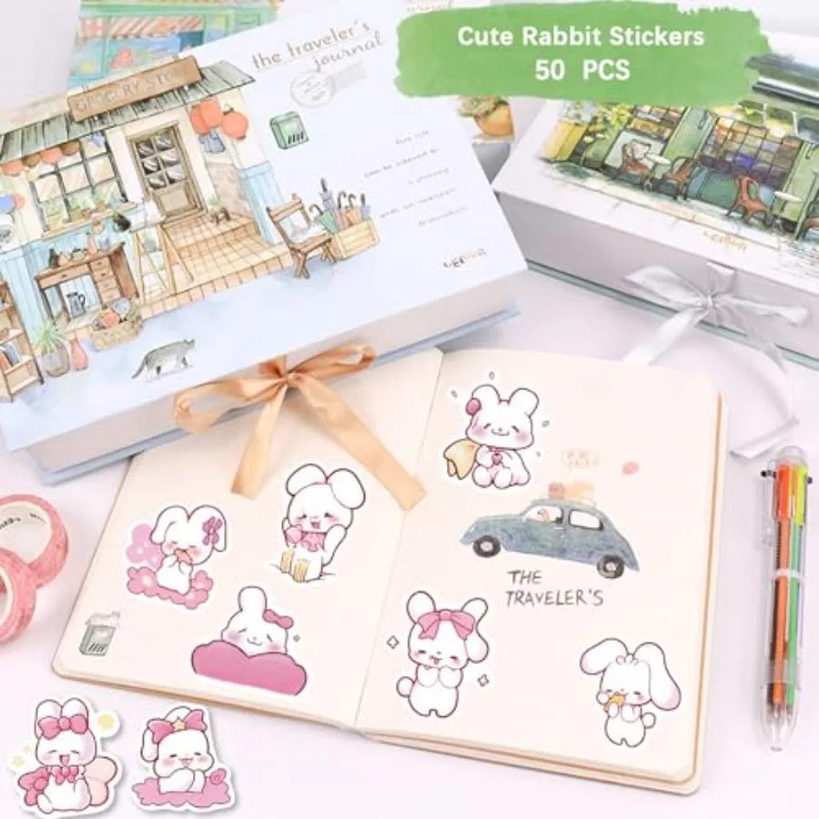 مجموعة أدوات مدرسية مكونة من 58 قطعة من أرنب لطيف مجموعة أدوات مكتبية كاواي للعودة إلى المدرسة تتضمن أقلام جل للكمبيوتر المحمول وملصقات مقلمة