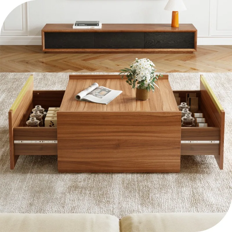 

Square Coffee Table with Storage, Coffee Tables for Living Room, Large Table with Drawers for Bedroom,Gold Metal Handle,Brown