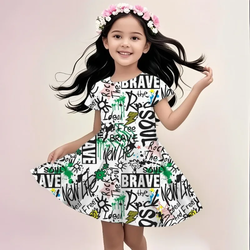 

Girl's Letter Graffiti Short Skirt Casual Children's Clothing Party Casual Fashion Summer Clothing Girl's Clothing Birthday Gift