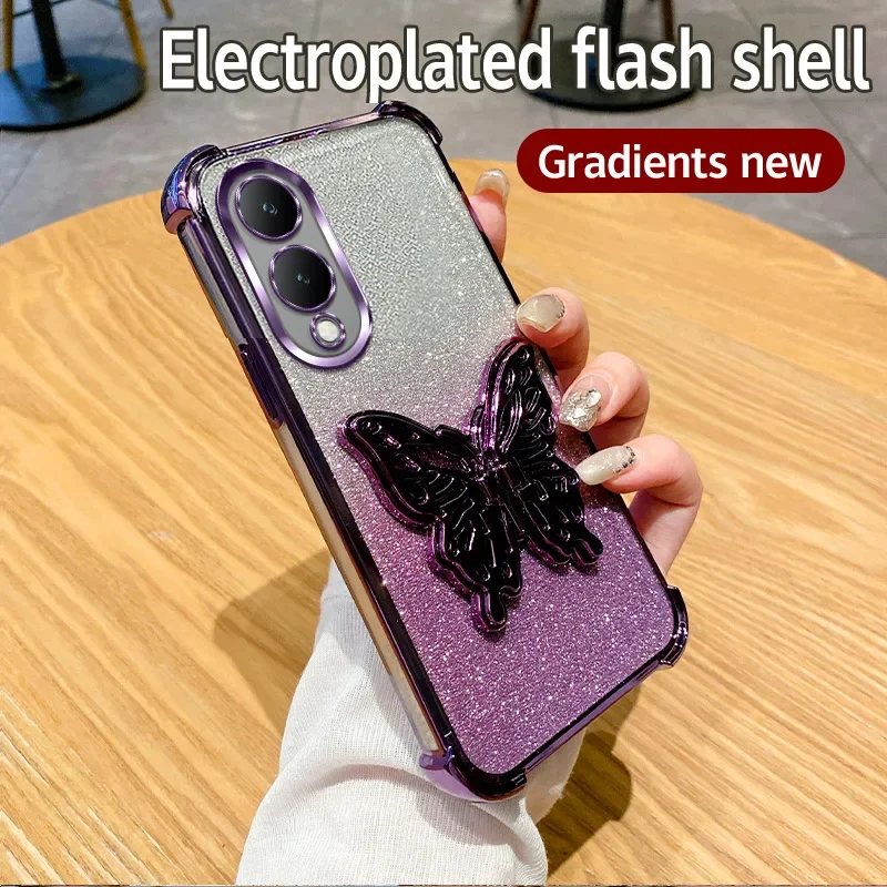 

Роскошный блестящий чехол-держатель-бабочка для Vivo Y17s Y02 Y03 Y5s Y11 Y12 Y15 Y17 Противоударный защитный чехол из ТПУ с мягкой крышкой