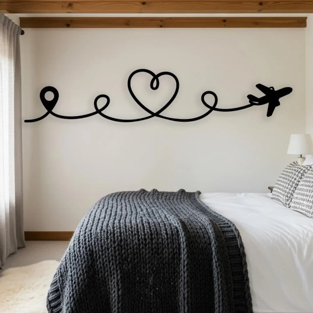 CIFBUY 1pc Airplane Heart Travel Metal Wall Art, Oversized Horizontal Wanderlust Silhouette Iron Mural, Powder-Coated Rustproof