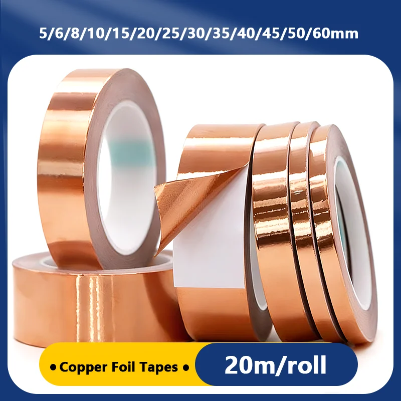 EMI Shielding Single/Double Sided 20m Length Per Roll Copper Foil Conductive Adhesive Tape for Electrical Repair 5-60mm Width