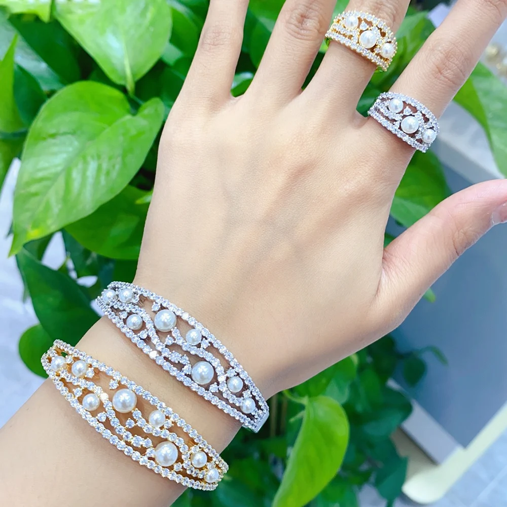 019220 Luxury Pearl Bangle Set for Women Cubic Zircon Bracelet Ring Dubai Charm Bridal Jewelry Accessories Wedding Engagement