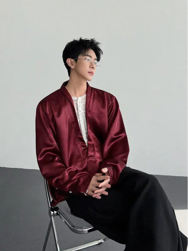 

Spring Summer Trendy Lace Long Sve V-Ne Men's Silk Smooth Acetate Sexy irt Fake Two-Piece Hollow out Stand Fit Poly...