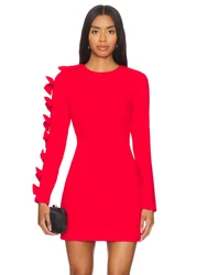 Sexy O Neck Long Sleeve Bow Mini Dress Fall Women Fluorescent Red Hollow Out Bownot Slim Dresses Celebrity Evening Party Gowns