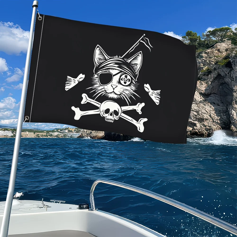 Cat Skull Flag 100% Polyester Black White Humorous Design with Glasses Crossbones Perfect for Farmhouses Backyards