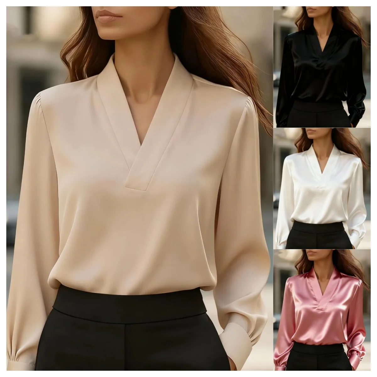 

2026 New European And American Amazon Style Commuting V-Neck Long Sleeve Slimming Professional Shirt With A High-End Feel For