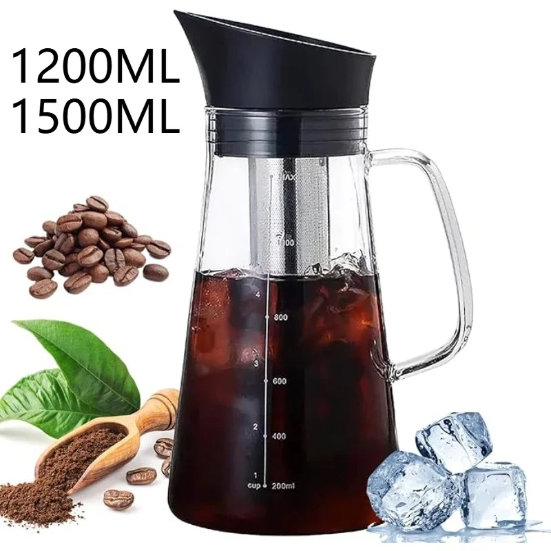 1.2/1.5L Glass Cold Brew Coffee Maker with Filter Quality Iced Tea Coffee Kettle Airtight Lid Heat-Resistant Clear Coffee Pot