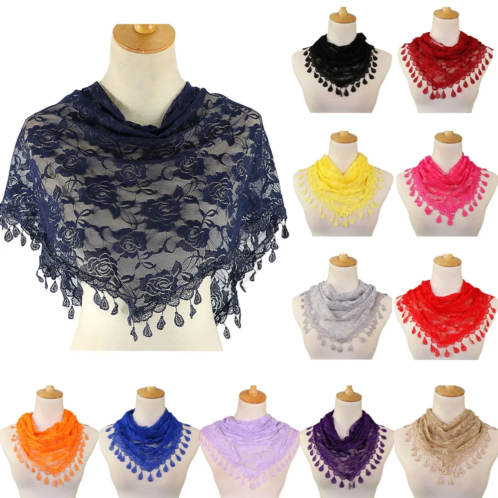 Fashion Lace Flower Scarf Round Bandana Fringes Prayer Kerchief Church Shawls Scarves Muslim Female Head Wraps Hair Accessories