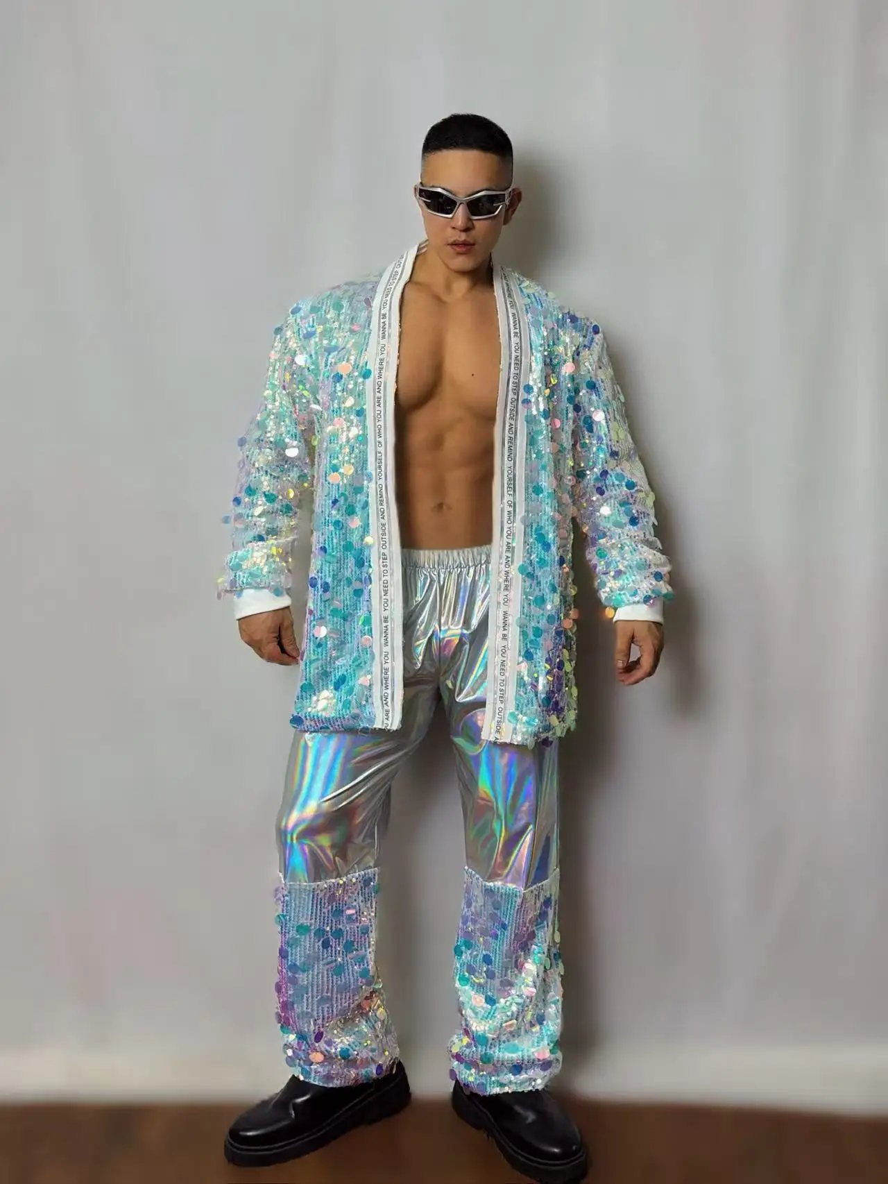 Men's Flashing Sequins Performance Outfit Jazz Dance Costume Coat Pants 2 Piece Set for Bar Nightclub Singer Concert Stage Wear