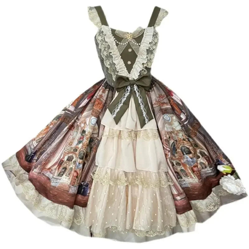 Vestido Lolita JSK com suspensório, Princess Palace, Pintura a óleo, Cla Ruffle, lindo vestido, corte, roupa de chá, elegante