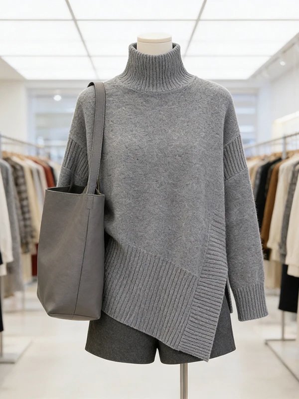 

Large Size Mature Style Set Women's High Neck Long Sleeve Sweater Short Pants Two Piece Set Casual Commute Korean Style