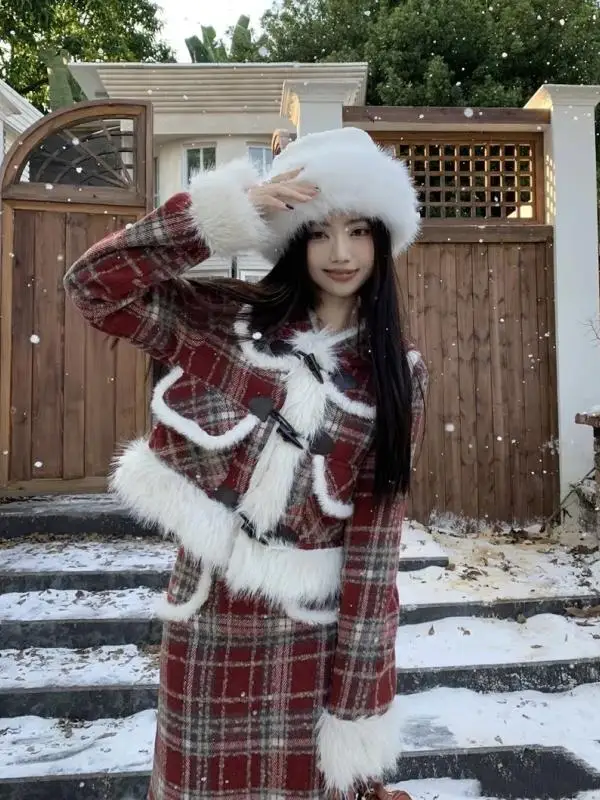 

Unique Winter Faion Set Thiened Fce New Year's Outfit Korean Aosphere Vintage Plaid Beautiful Skirt Long Sve Butt...