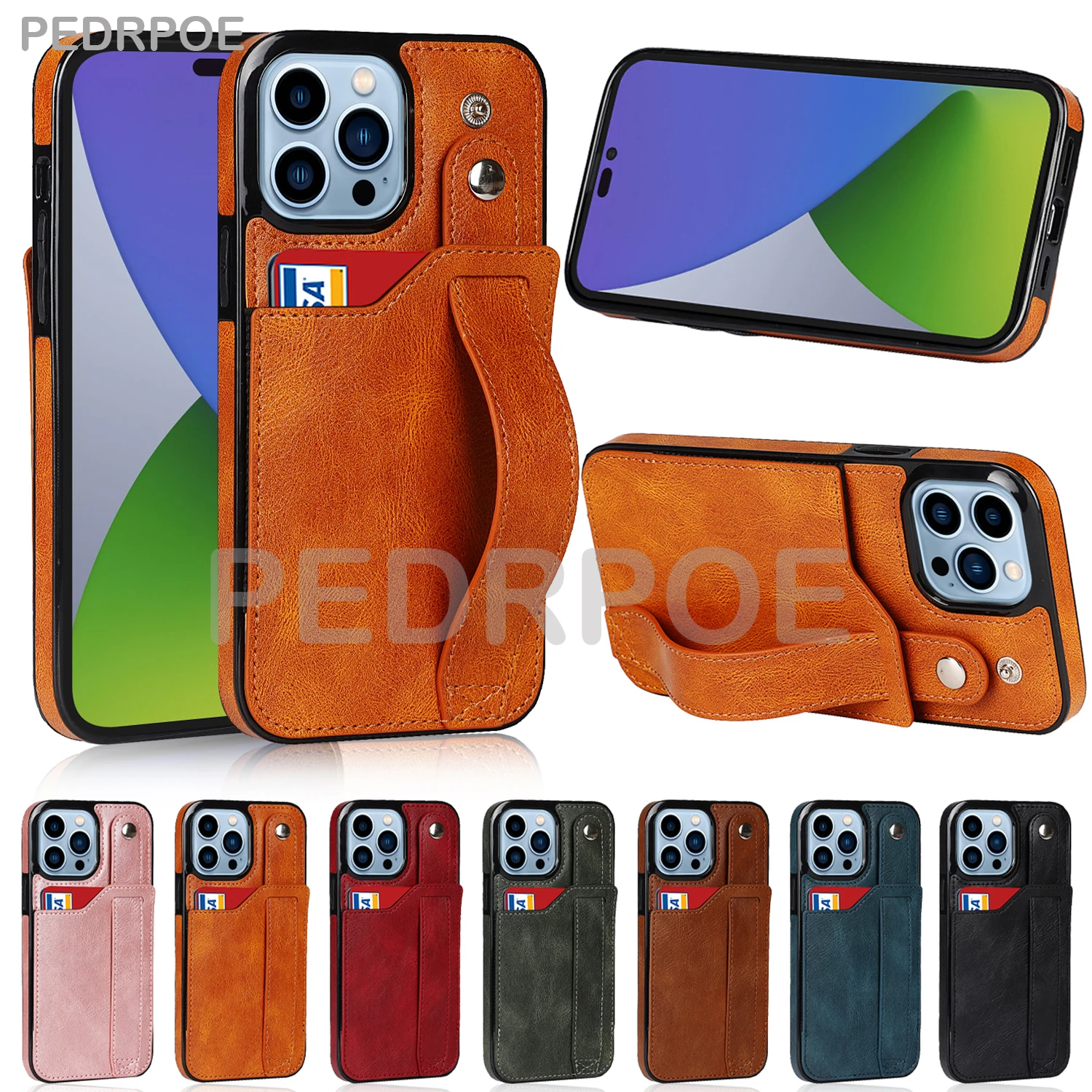 

Luxury Leather Wrist brace Case For iPhone 14 Promax 13 12 Mini 11 Pro Max XR XS 7 8 Plus SE Card Pocket Protect Cover anti-fall