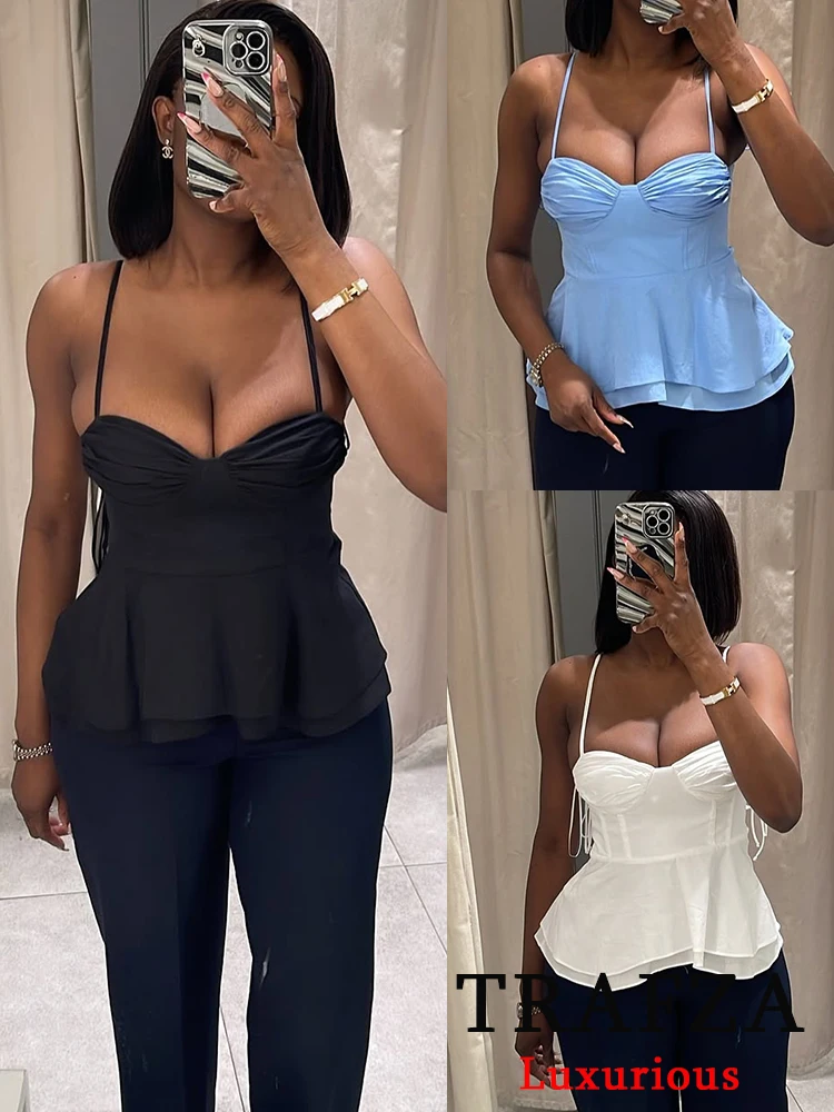 

TRAFZA Sexy Chic Casual Women Tops Solid Zipper Corset Sleeveless Short Vest Fashion 2025 Spring Summer Turtleneck Tops
