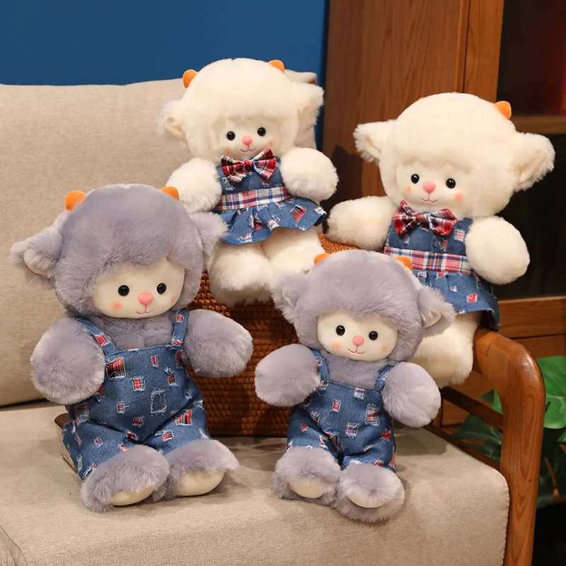 Kawaii 30/40cm Sheep Plush Pillow Toy with Denim Skirt Soft Stuffed Animal Lamb Doll for Room Decor Birthday Gift